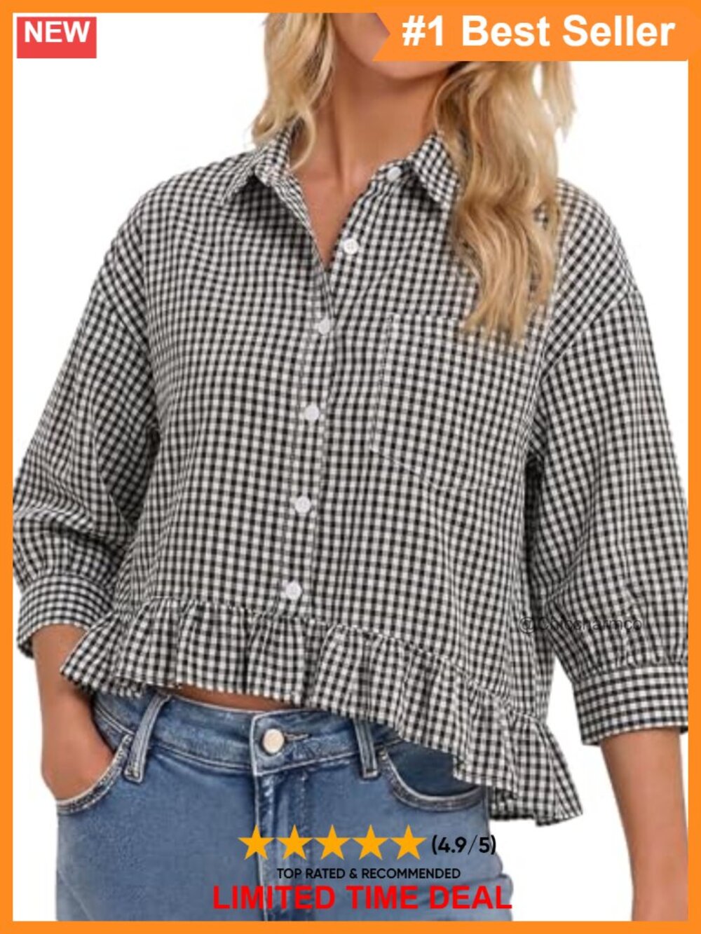 Womens 3/4 Sleeve Button Down Ruffle Blouse Dressy Casual